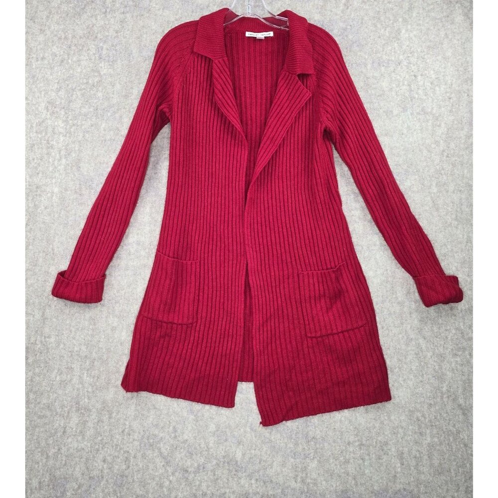 Carolyn Taylor Womens Ribbed Open Cardigan Red Size S Knit Long Sleeve Pockets